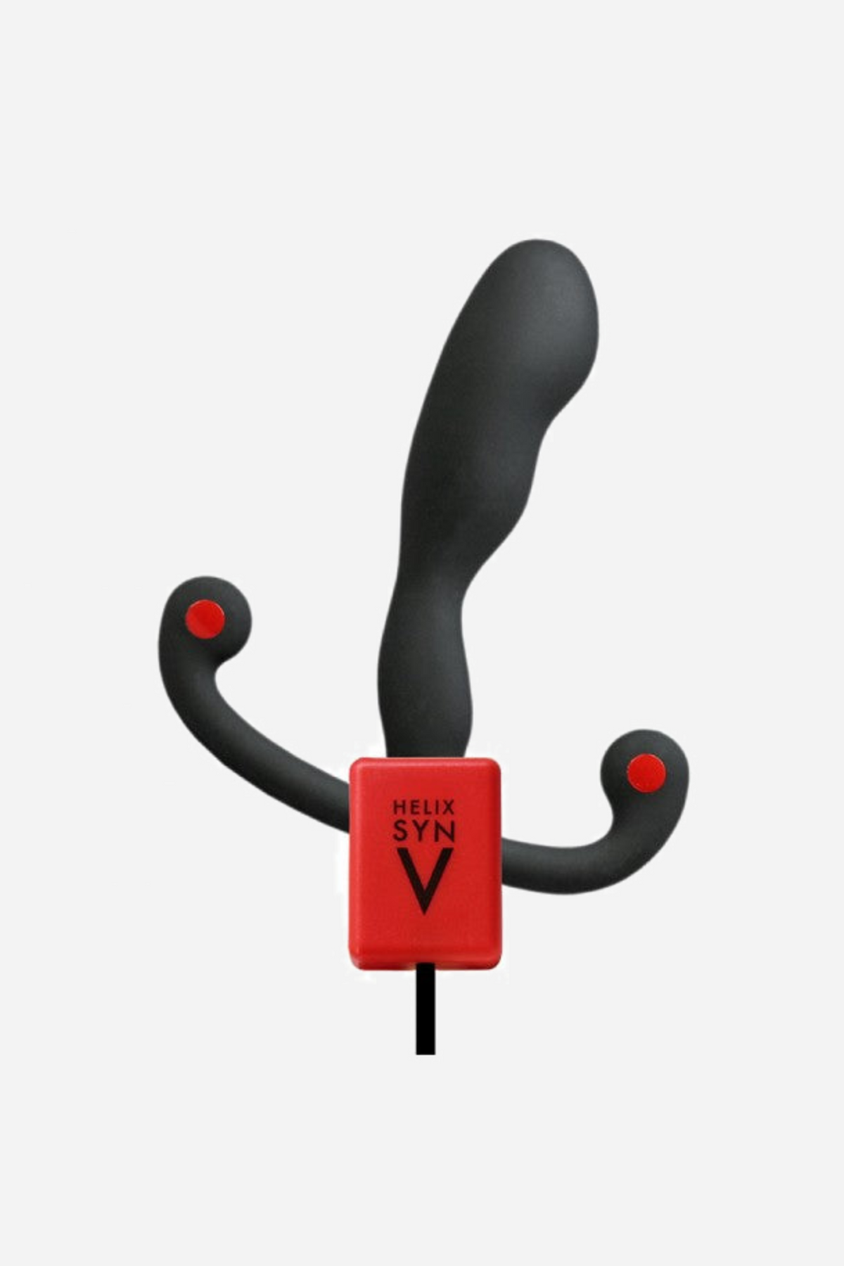The Aneros Helix SYN V standing in its red magnetic charging dock, showing how the massager sits upright while the battery charges.