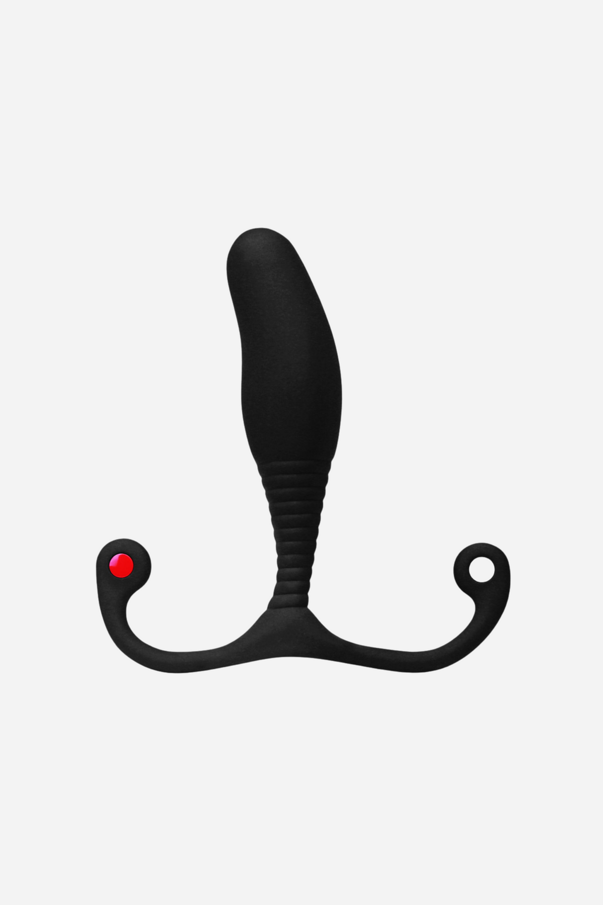 Black Aneros MGX Syn Trident prostate massager on grey, a tapered head above a ribbed neck, with a red perineum arm and tail loop.