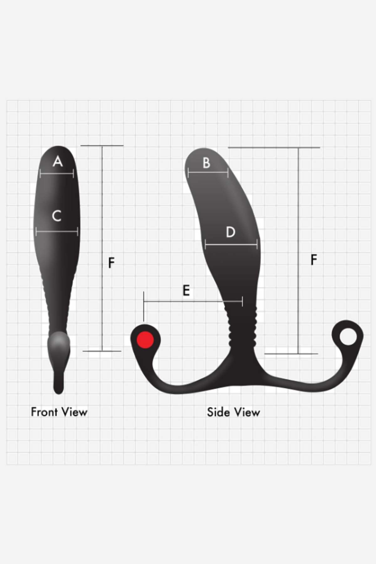 Aneros MGX Syn Trident measurement diagram on a grid, front and side views with letters marking head width, neck and overall length.