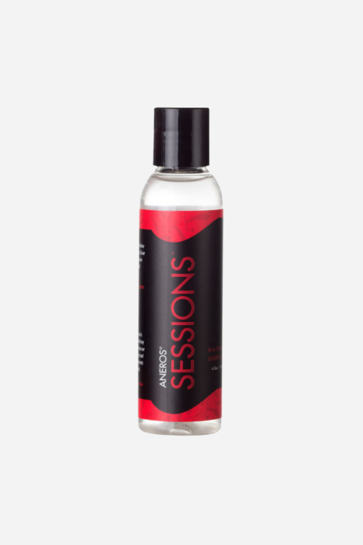 A clear bottle of Aneros Sessions lubricant with a black pump top, the label printed in red and black against a plain ground.