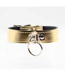 front view of the Anything But Basic O-Ring Collar in Metallic Gold with the metal o-ring and slightly shimmery metallic leather