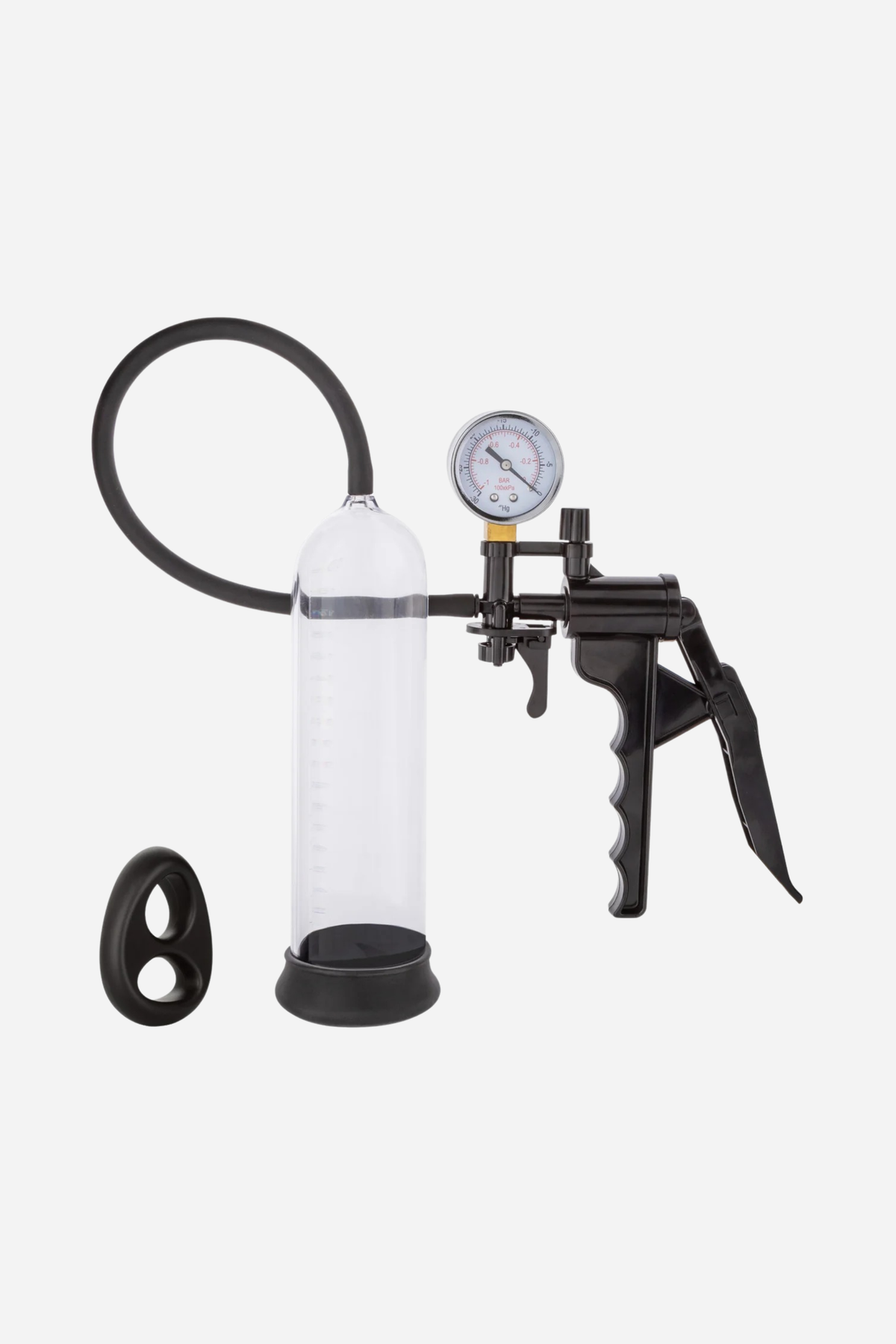 At Your Peak gauged hand pump kit with a clear marked cylinder, PSI gauge, pistol grip pump, air hose and silicone dual ring, on a grey background