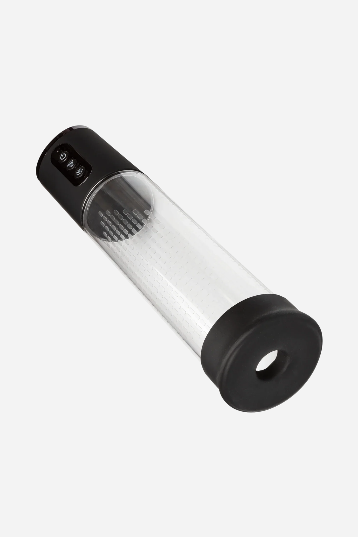 At Your Peak rechargeable penis pump, angled view of the clear cylinder with black motor head and soft silicone donut, on light grey