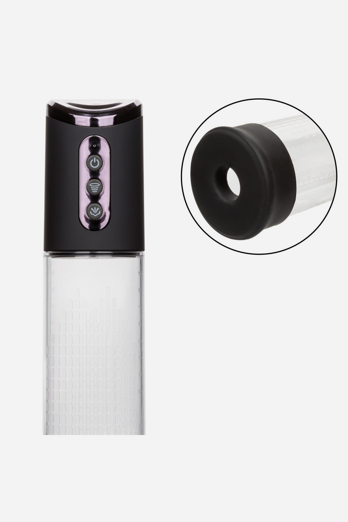 At Your Peak rechargeable penis pump standing upright with push-button controls, plus a close-up inset of the silicone donut sleeve