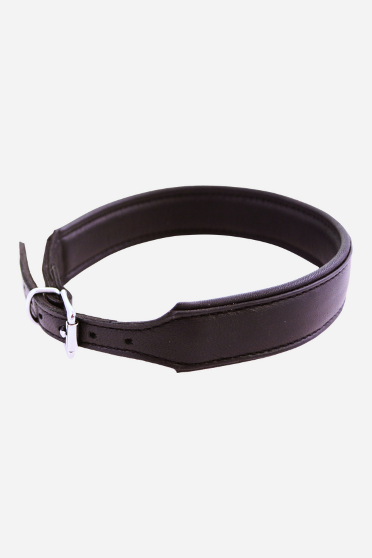 Back view of the At Your Service leather collar showing the tapered strap with adjustment holes, stitched edges and the silver buckle fastened at one end.