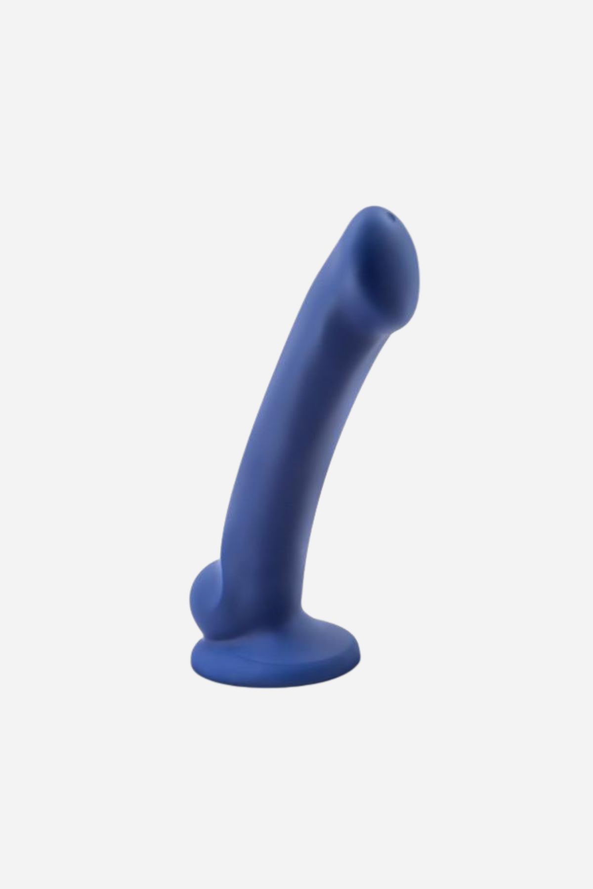 Avant D10 Ergo mini dildo in indigo, a smooth curved silicone shaft with a tapered tip standing on its round flared suction cup base.