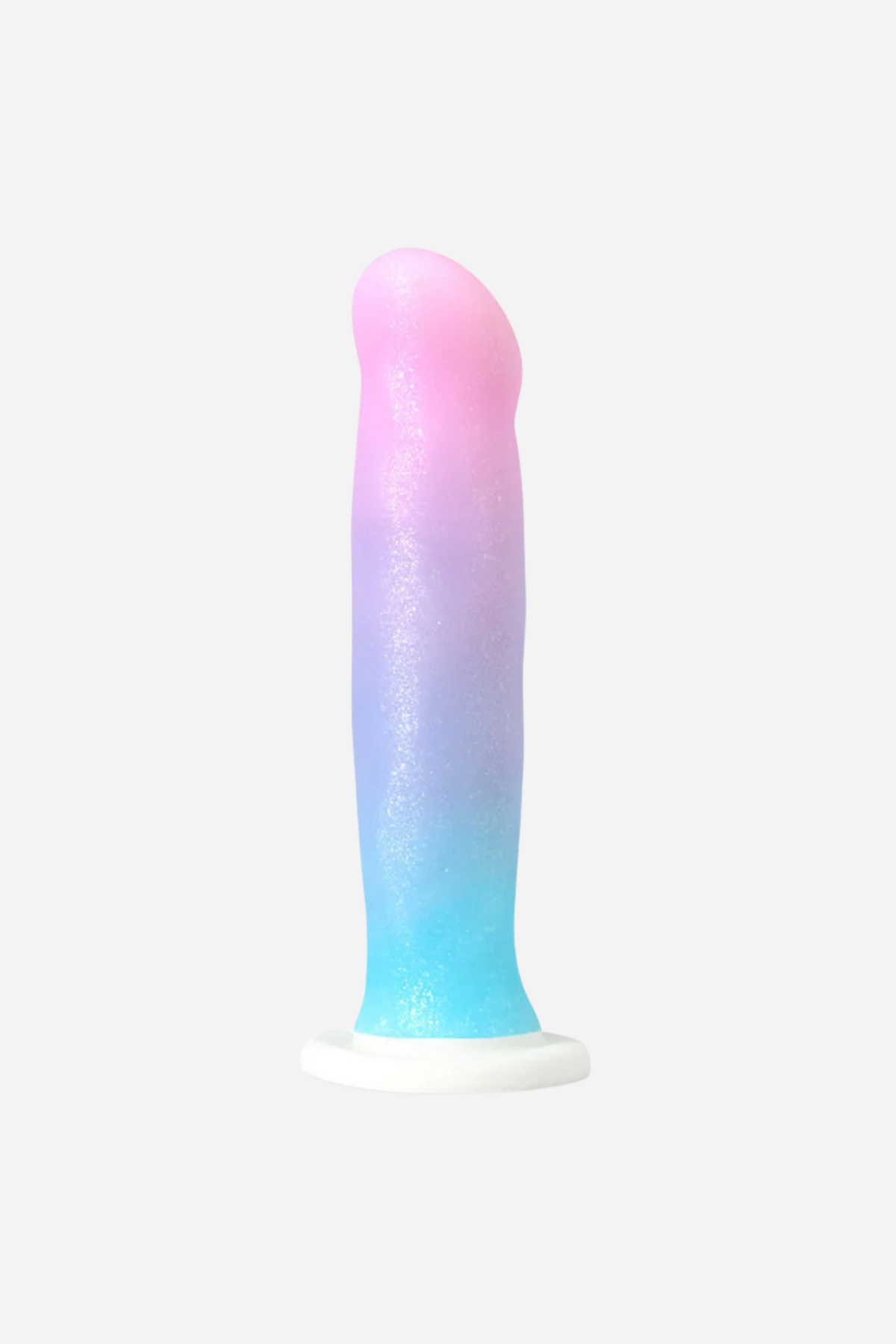 A pastel ombre silicone dildo shading from pink through lilac to turquoise, with a smooth tapered shaft and a white suction cup base.