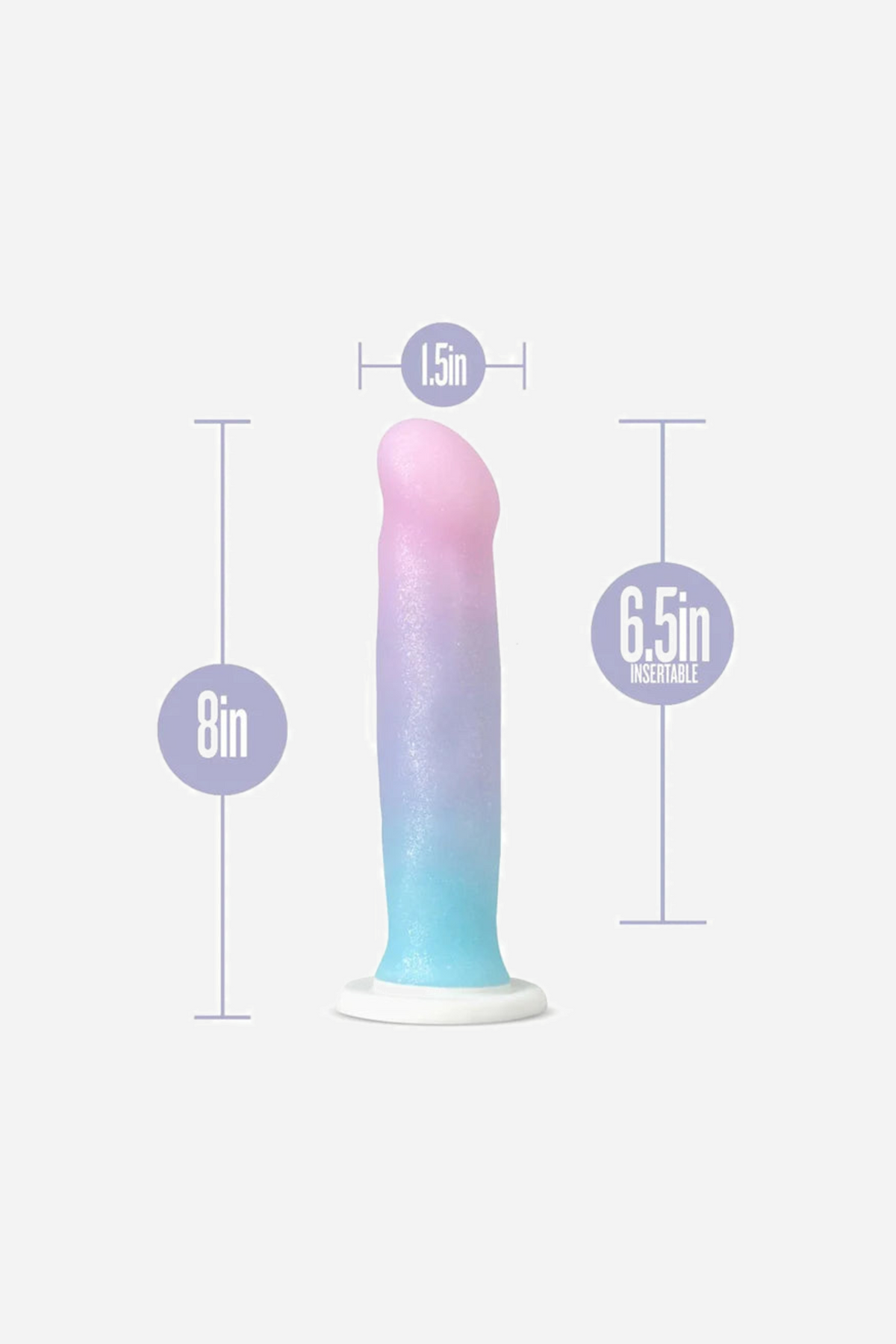 A sizing diagram of the pastel dildo marked 8 inches overall, 6.5 inches insertable and 1.5 inches wide, with measurement lines either side.