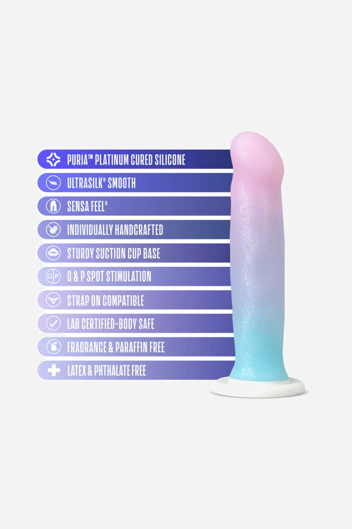 A feature panel beside the pastel dildo listing platinum cured silicone, UltraSilk smooth finish, suction cup base and strap-on compatibility.