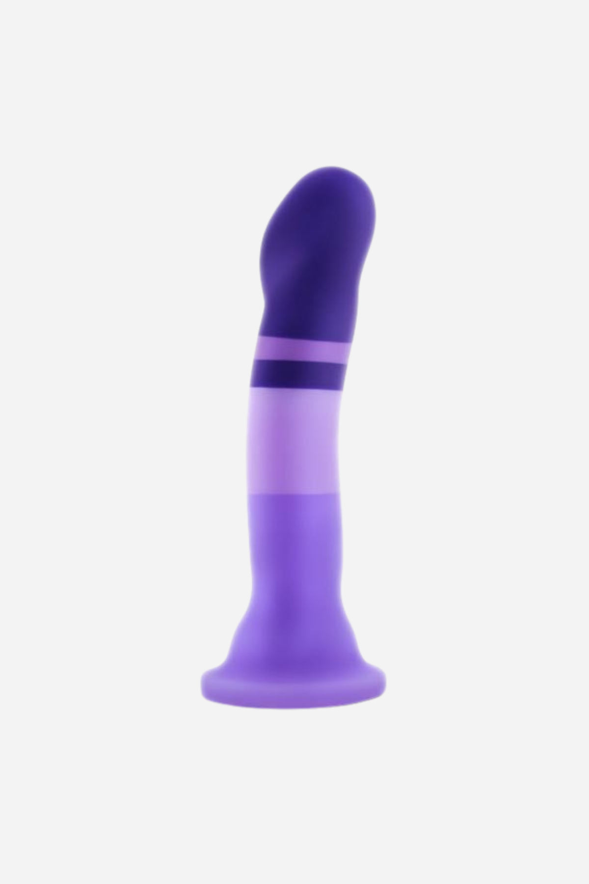 Avant D2 silicone insertable standing upright, a purple ombre shaft with a deep purple curved head, lilac band and flared suction base.