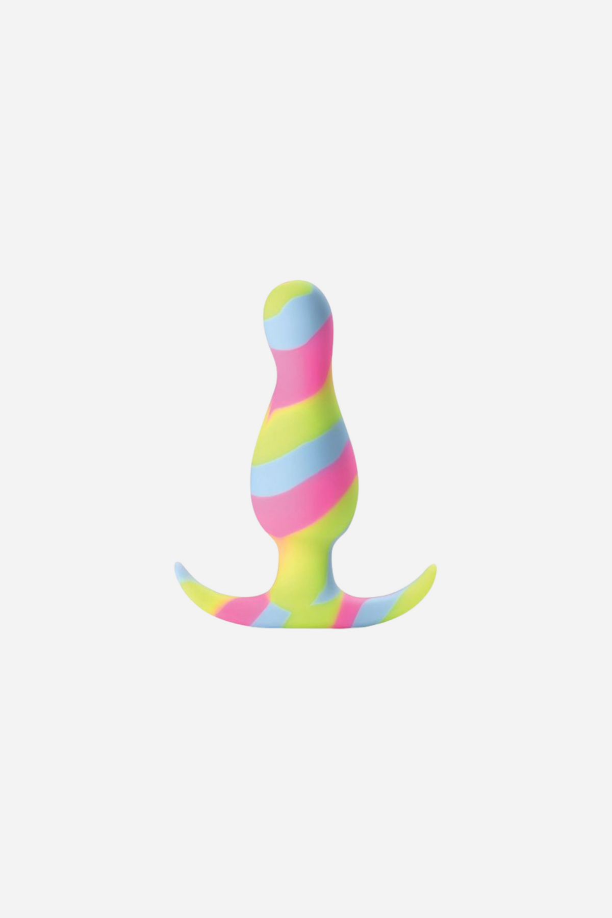 A small silicone butt plug in rainbow stripes of pink, yellow, green and blue, with a flared base, standing on a plain grey backdrop.