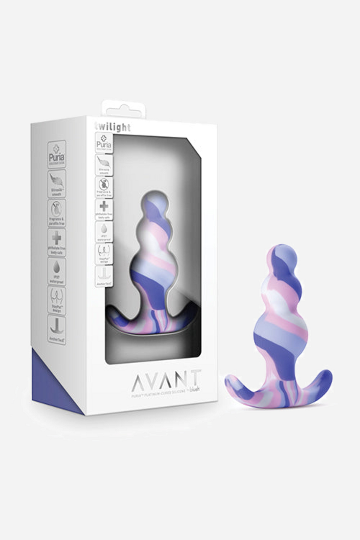Avant Twilight small plug next to its white Avant retail box, which has a clear window showing the swirled plug inside the packaging.