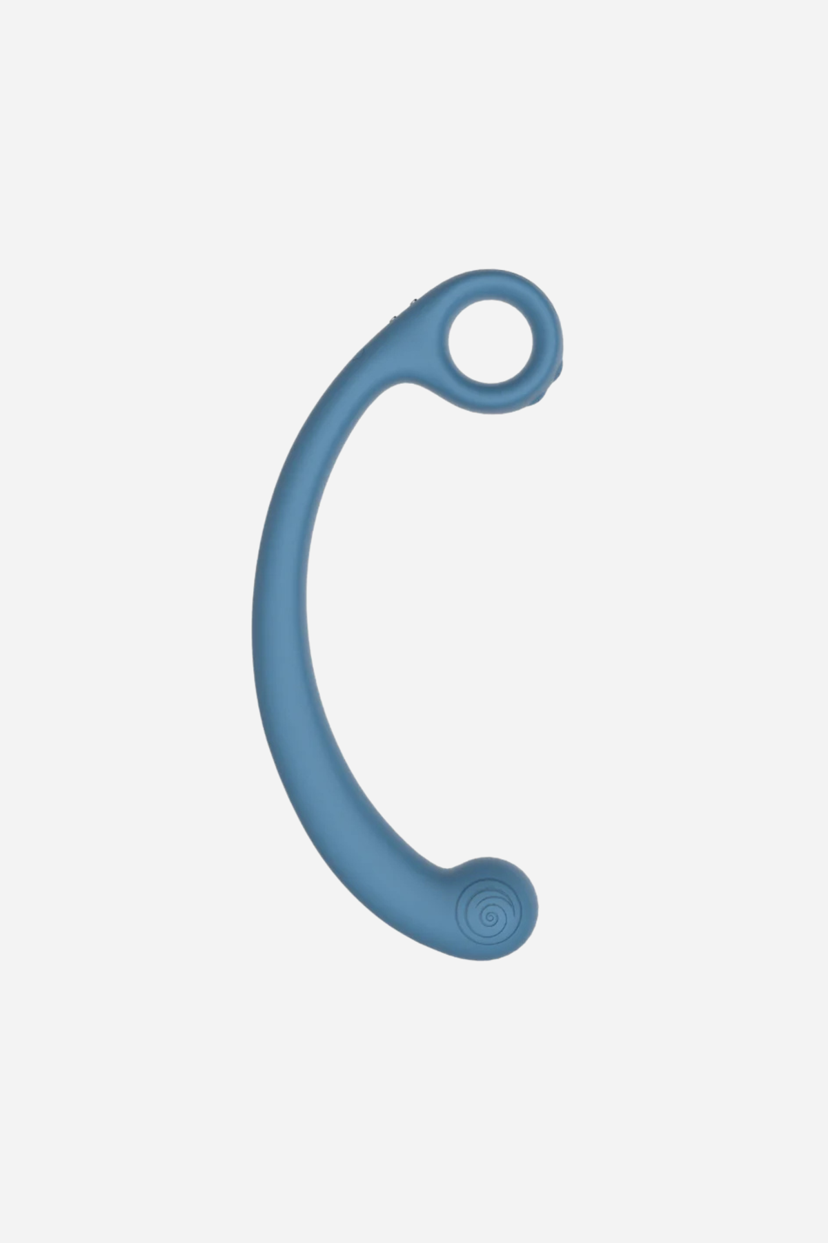 Axi Slimline vibrating G-spot wand in Blue Lagoon, showing its slim curved body, bulbed vibrating tip and finger-loop handle, on light grey