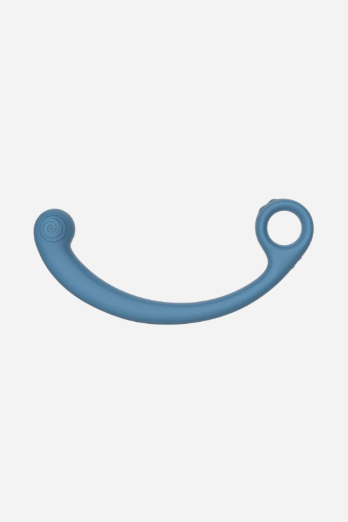 Axi Slimline vibrating G-spot wand in Blue Lagoon lying on its side, showing the full length of its curved silicone body, on light grey