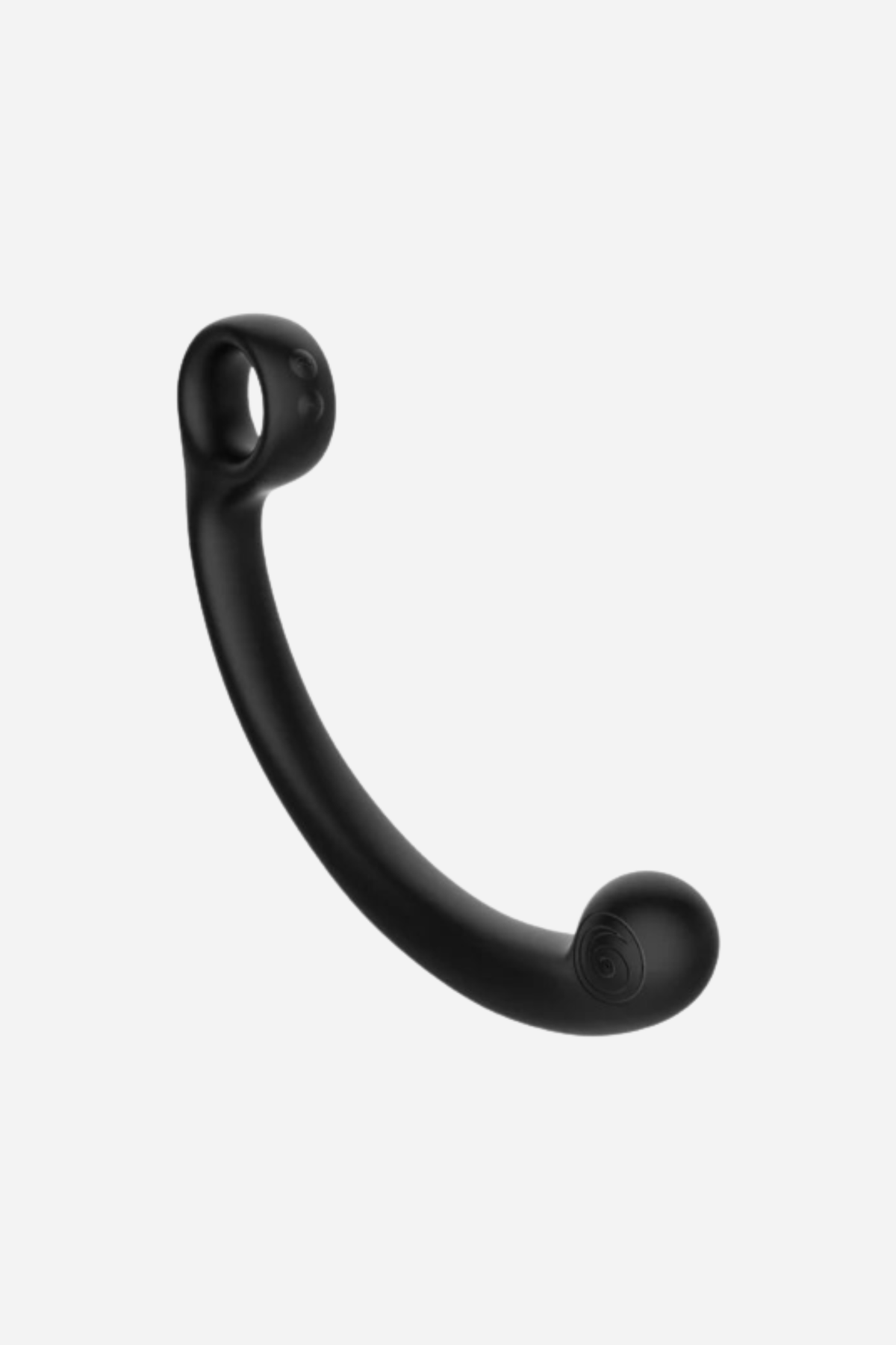 Granite Noir Axi Slimline G-spot wand standing upright, showing the finger-loop handle at top and the bulbed vibrating tip, on light grey