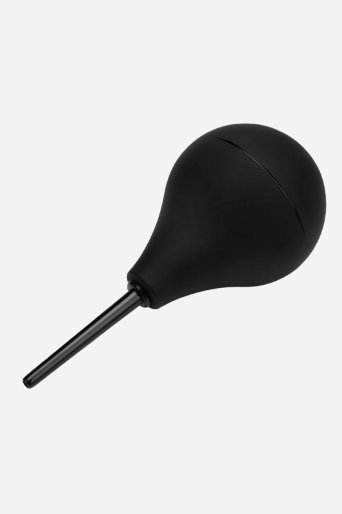 Black B-Vibe Slimline Classic Enema on a plain grey backdrop, its rounded silicone squeeze bulb tapering into a long, slim nozzle.