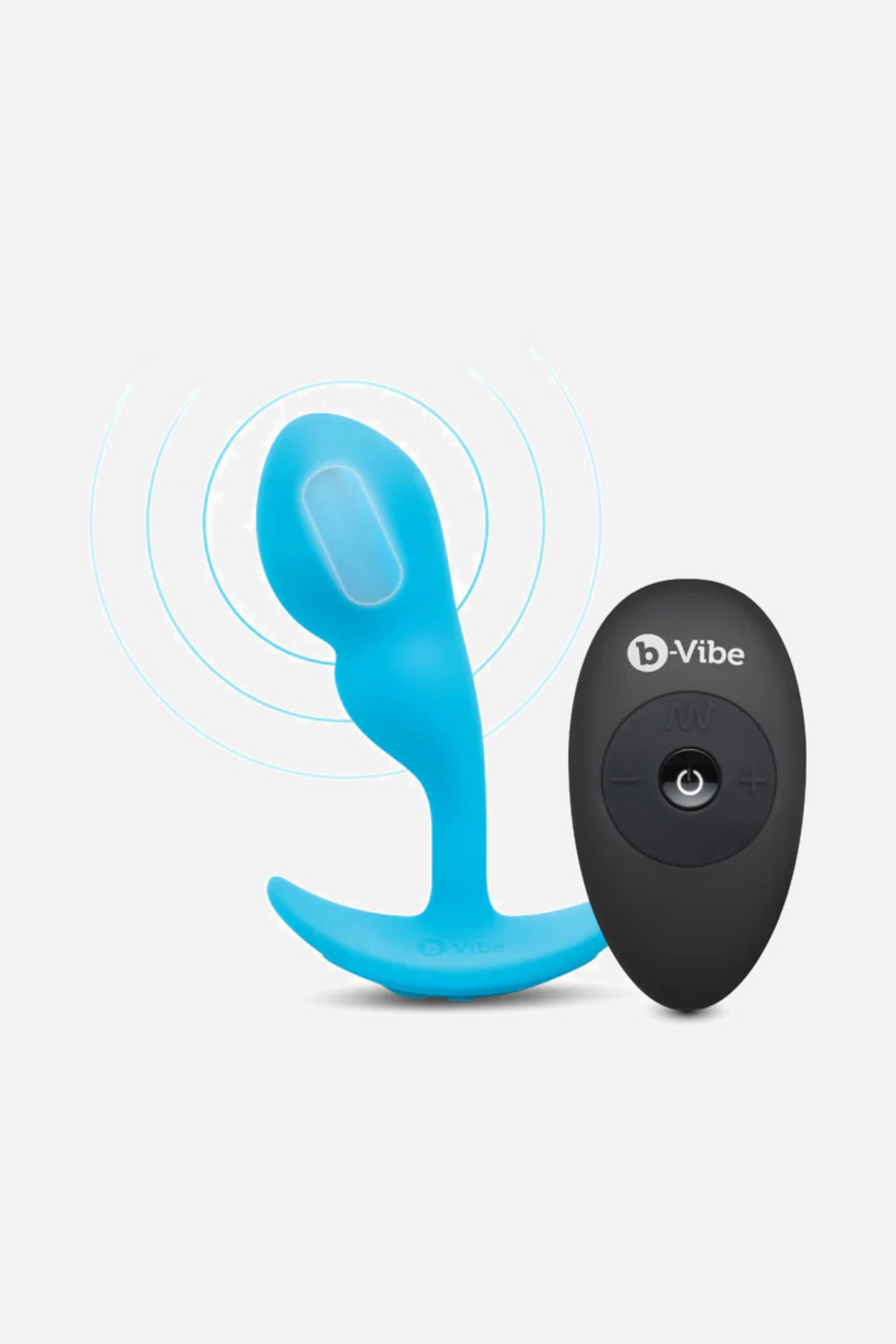 The teal plug beside its round black remote, with arcs drawn to show the vibration