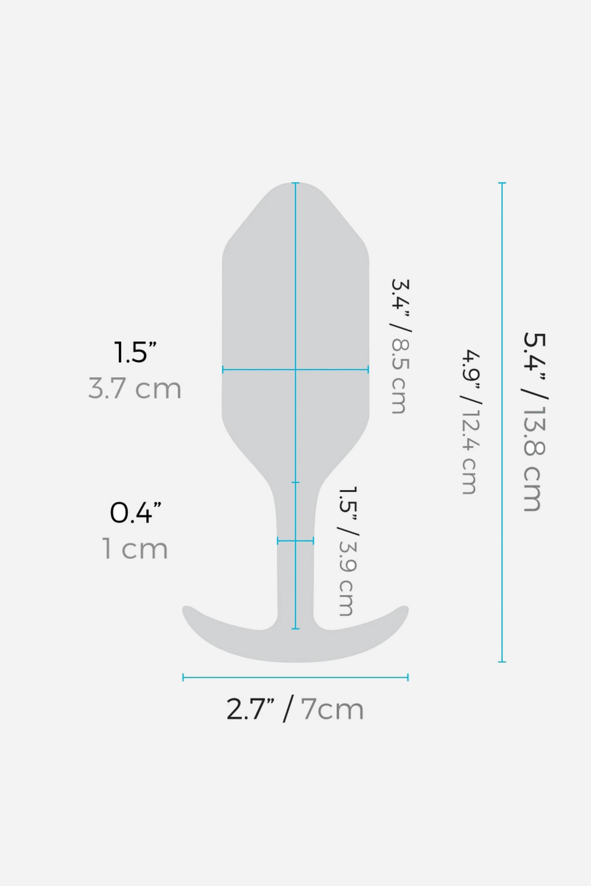 Size chart for the B-Vibe Snug Plug 3 Large on grey: 5.4 in long overall, 4.9 in insertable, a 1.5 in widest bulb, 0.4 in neck and 2.7 in base.