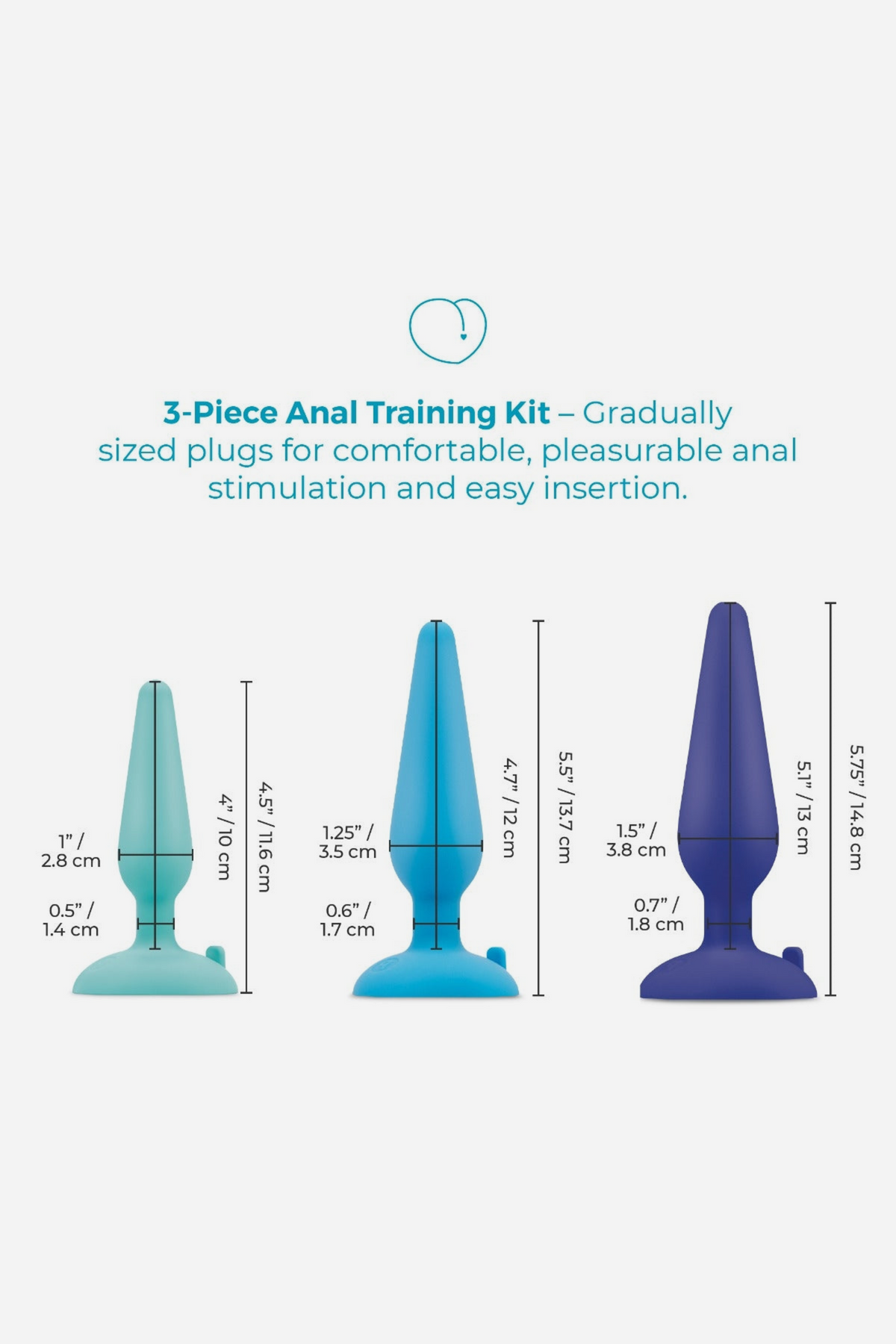 Size chart for the B-Vibe 3-piece anal training kit giving the length and diameter in inches and centimetres for each graduated plug