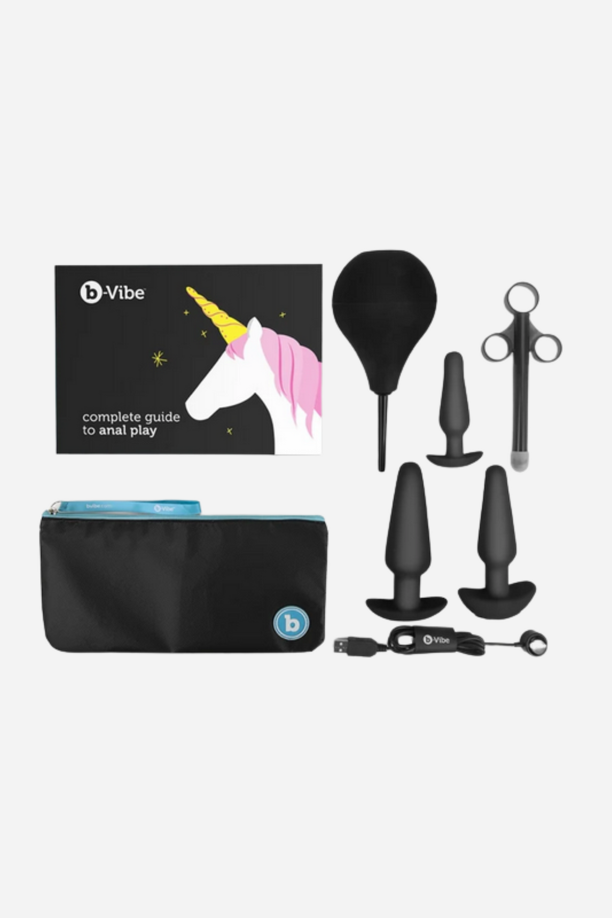 B-Vibe anal training plug and accessories set in Black with its box, enema bulb, lube applicator, three plugs and travel pouch