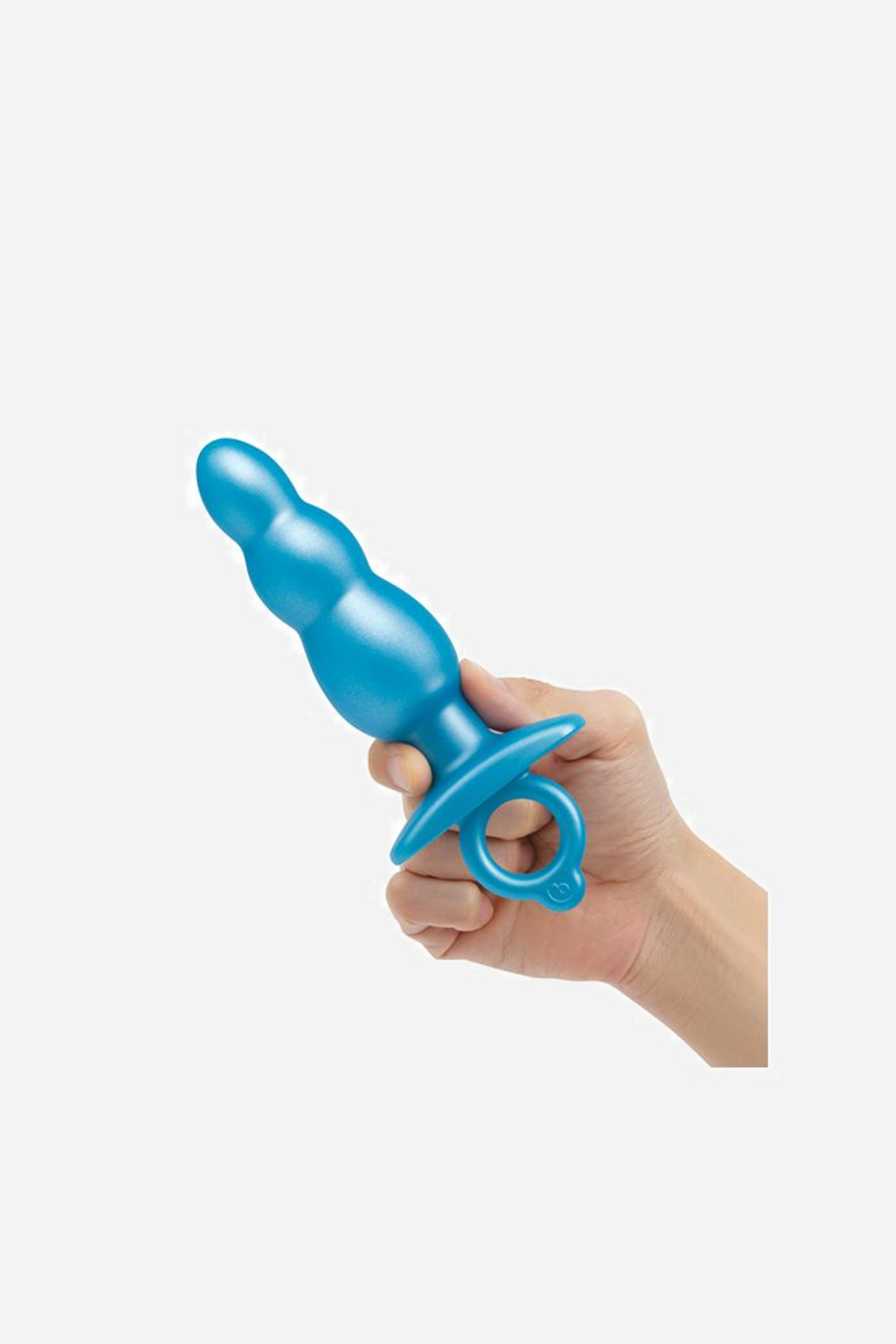 A hand grips the blue Bounce plug with a finger through the loop at its base, showing how comfortably the handle is held during use.