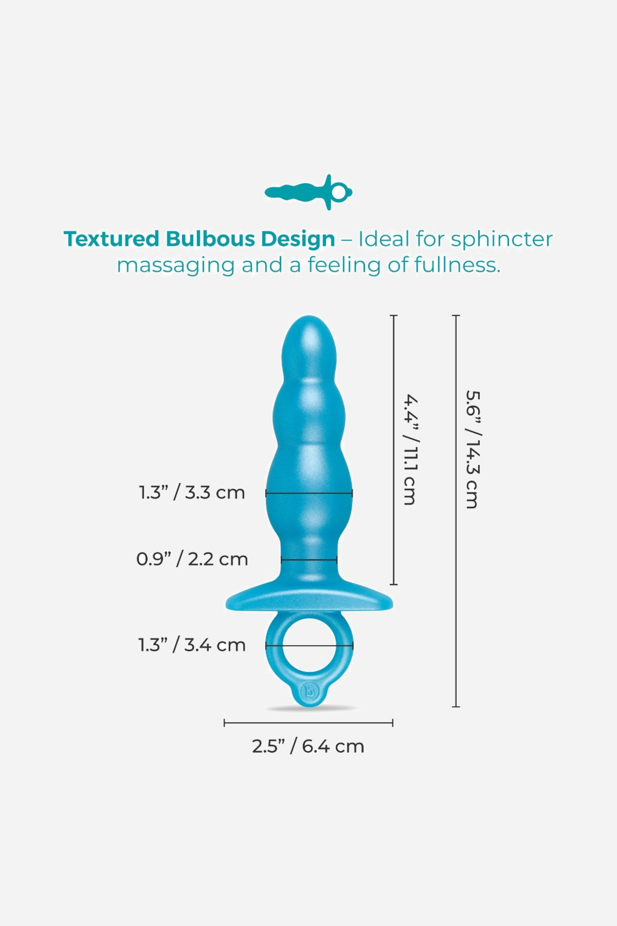 Size guide for the Bounce beaded plug, labelled textured bulbous design and marked 5.6 inches long with bulbs of 0.9 and 1.3 inches.