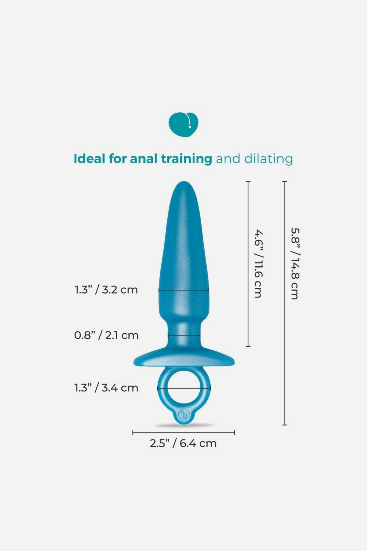 Dimension diagram of the B-Vibe Butties sleek tapered plug, ideal for anal training and dilating, with its length and width measurements