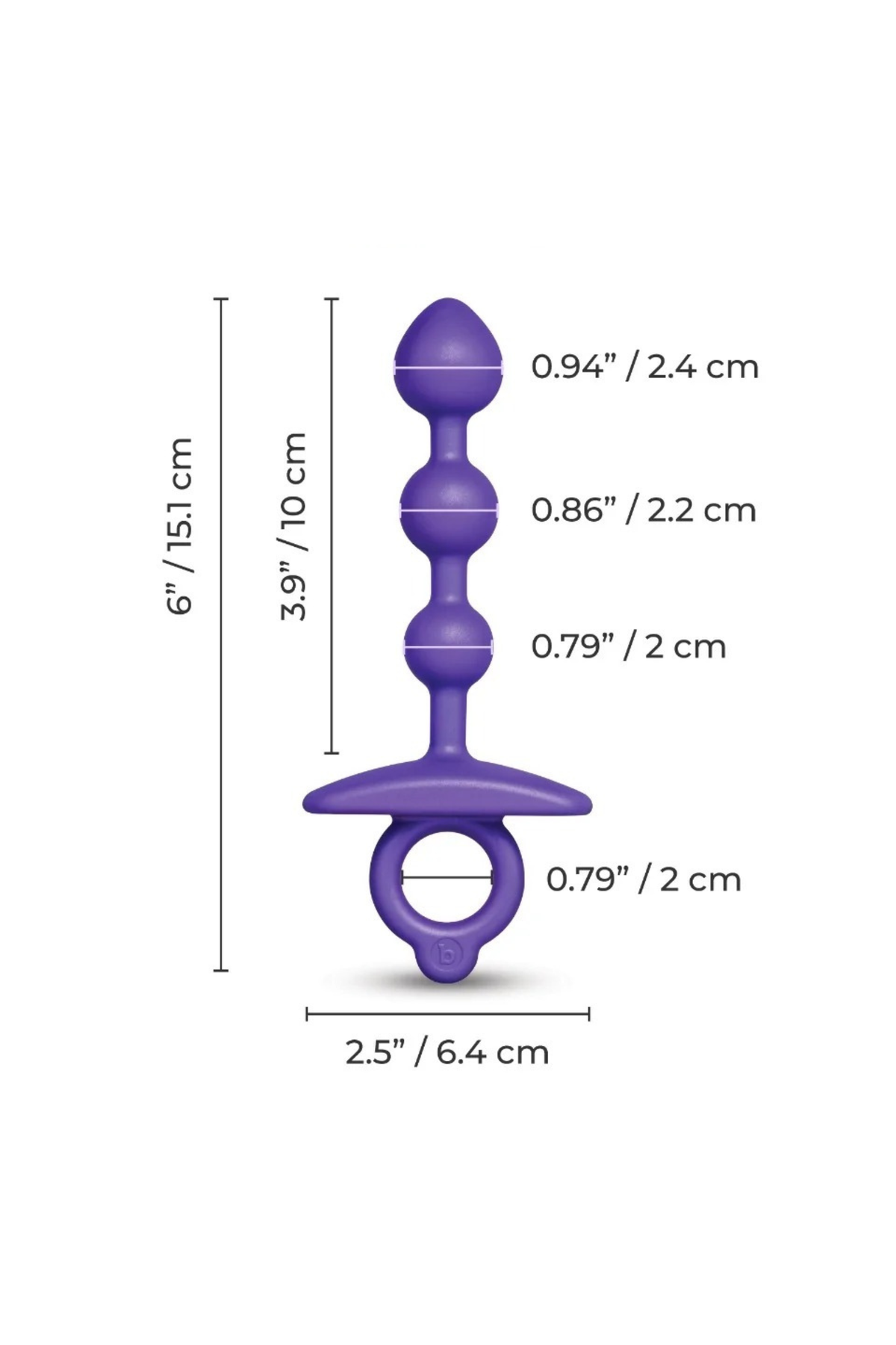 Size guide for the Zip anal beads, marked 6 inches overall and 3.9 inches insertable, with beads of 0.94, 0.86 and 0.79 inches.