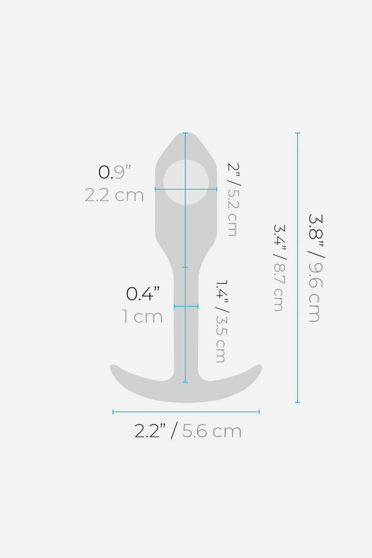 B-Vibe Snug Plug 1 dimension diagram: 3.8 in (9.6 cm) total length, 0.9 in (2.2 cm) widest width and a 2.2 in (5.6 cm) wide base
