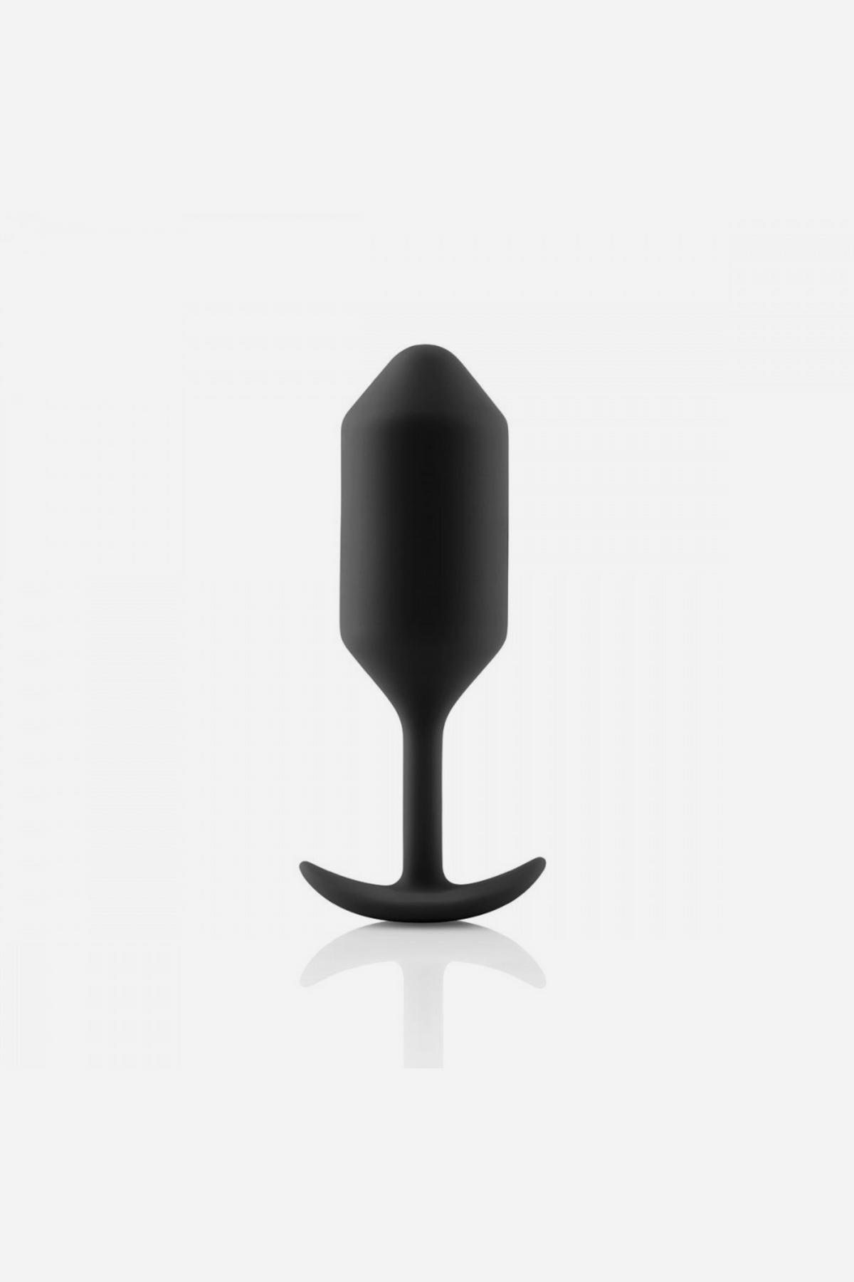 B-Vibe Snug Plug 3 large weighted butt plug in Black standing upright, showing the tapered bulb, neck and anchor base on grey