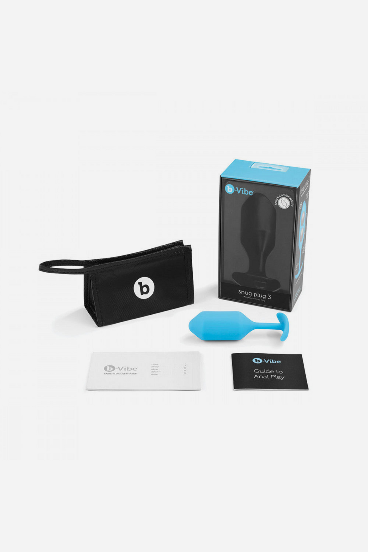 B-Vibe Snug Plug 3 in Teal with its box, travel pouch and instruction cards, showing what comes in the package on grey