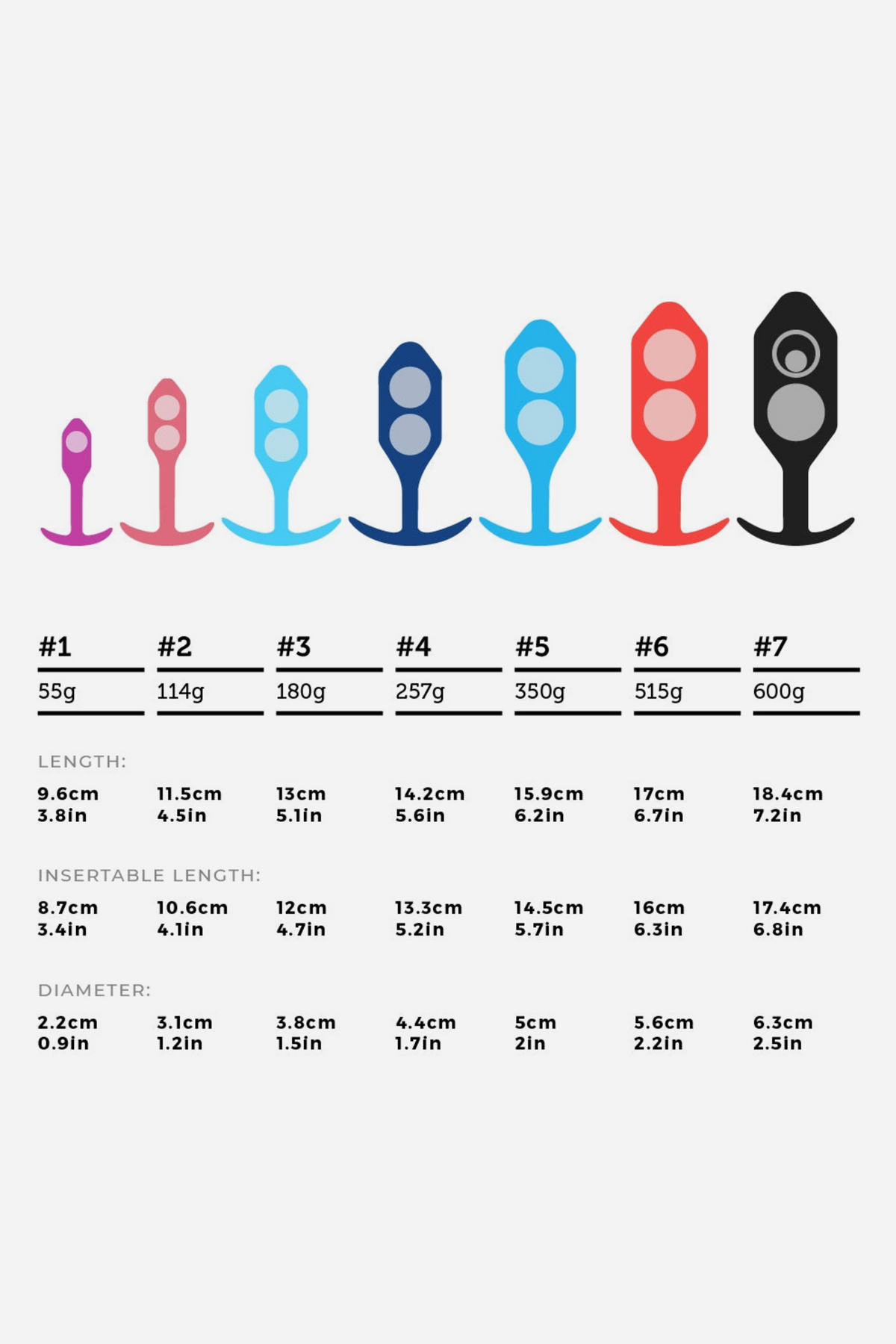 B-Vibe Snug Plug size chart comparing plugs 1 to 7 by colour, weight, length, insertable length and diameter on light grey