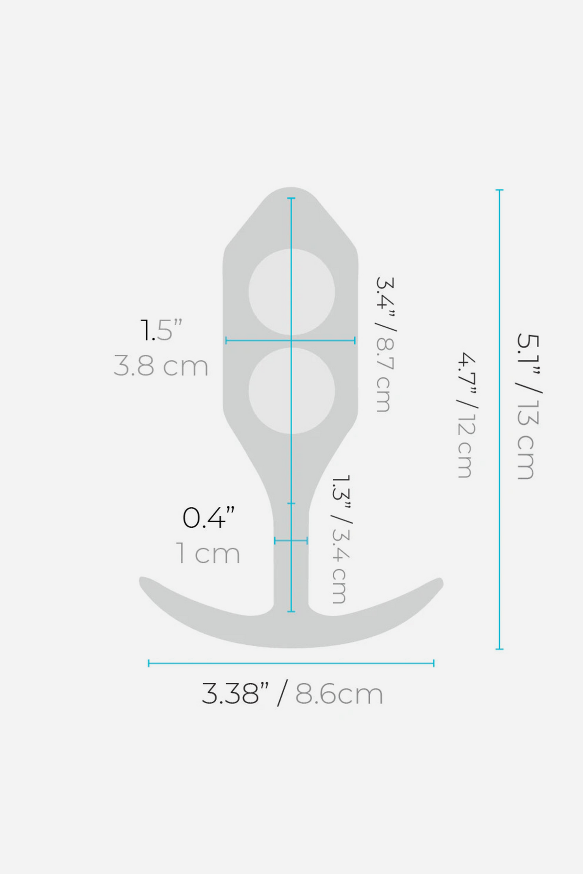 B-Vibe Snug Plug 3 dimension diagram: 5.1 in total length, 4.7 in insertable, 1.5 in widest diameter, 3.38 in wide base