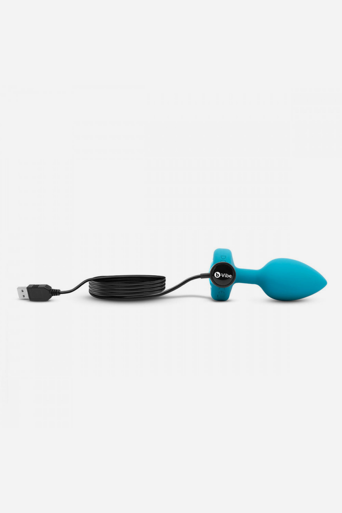 Aqua B-Vibe Vibrating Jewel Plug shown at an angle, highlighting the smooth tapered silicone body, slim neck and jewelled flared base