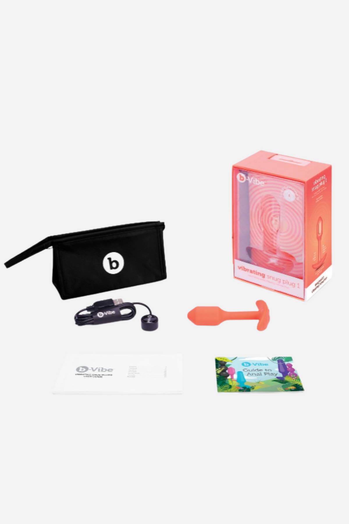 Orange B-Vibe Vibrating Snug Plug 1 small with its magnetic USB charging cable, travel pouch, retail box and guide booklets, on grey