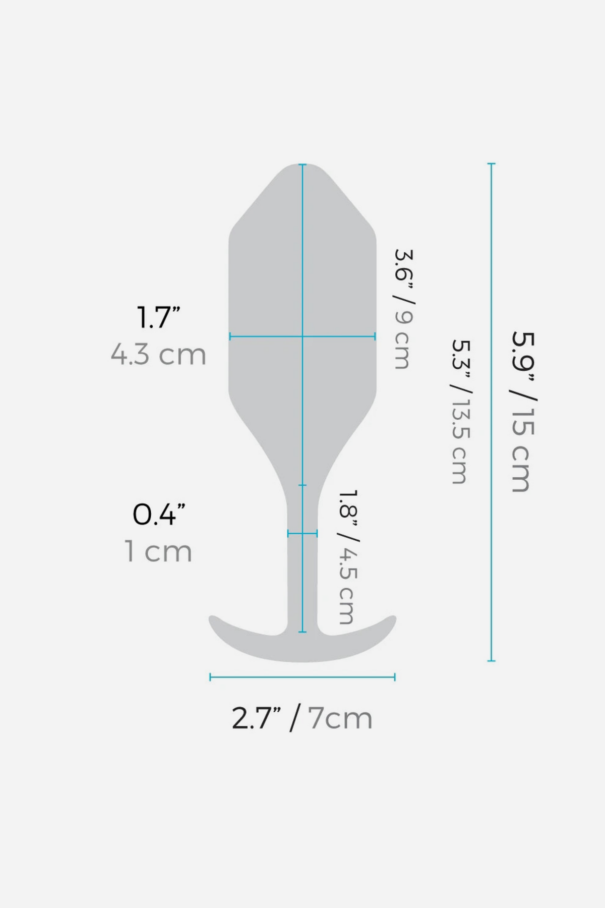 B-Vibe Vibrating Snug Plug 4 dimensions: 5.9 in total length, 5.3 in insertable, 1.7 in widest diameter and 2.7 in base