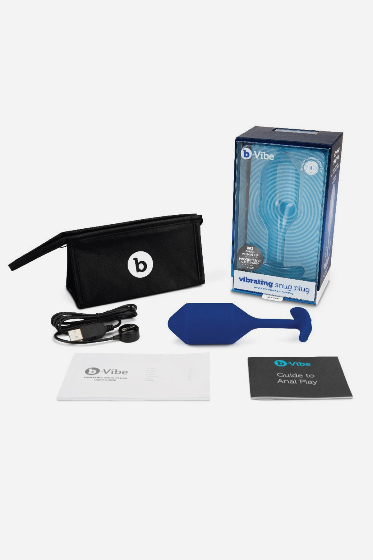 B-Vibe Vibrating Snug Plug 4 in Navy with its box, charging cable, travel pouch and instruction cards, showing what is included