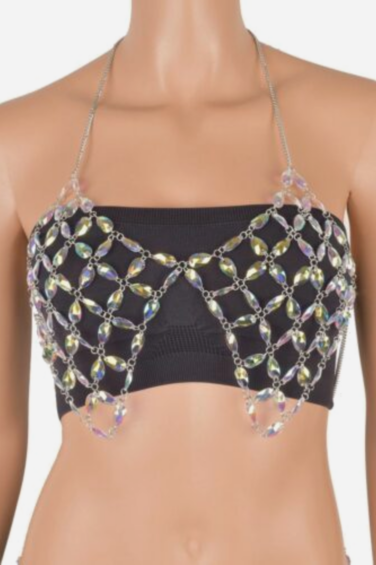 Iridescent aurora borealis beaded chain bra in a diamond net pattern with dangling bead drops, shown over a black bandeau on a mannequin.