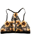 embroidered triangle bralette with gold and rust and black color embroidery