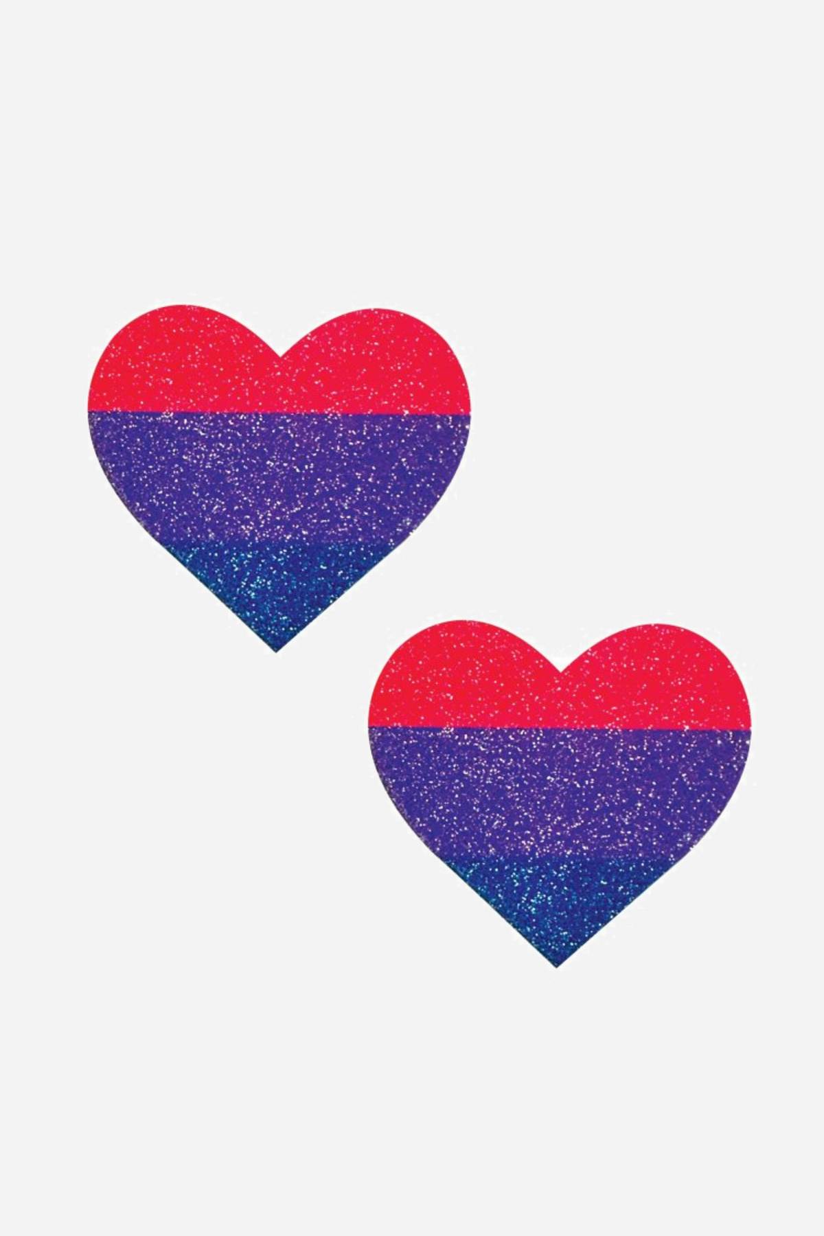 A pair of glittery heart shaped nipple pasties in the bisexual flag colours, pink at the top, purple through the middle and deep blue below
