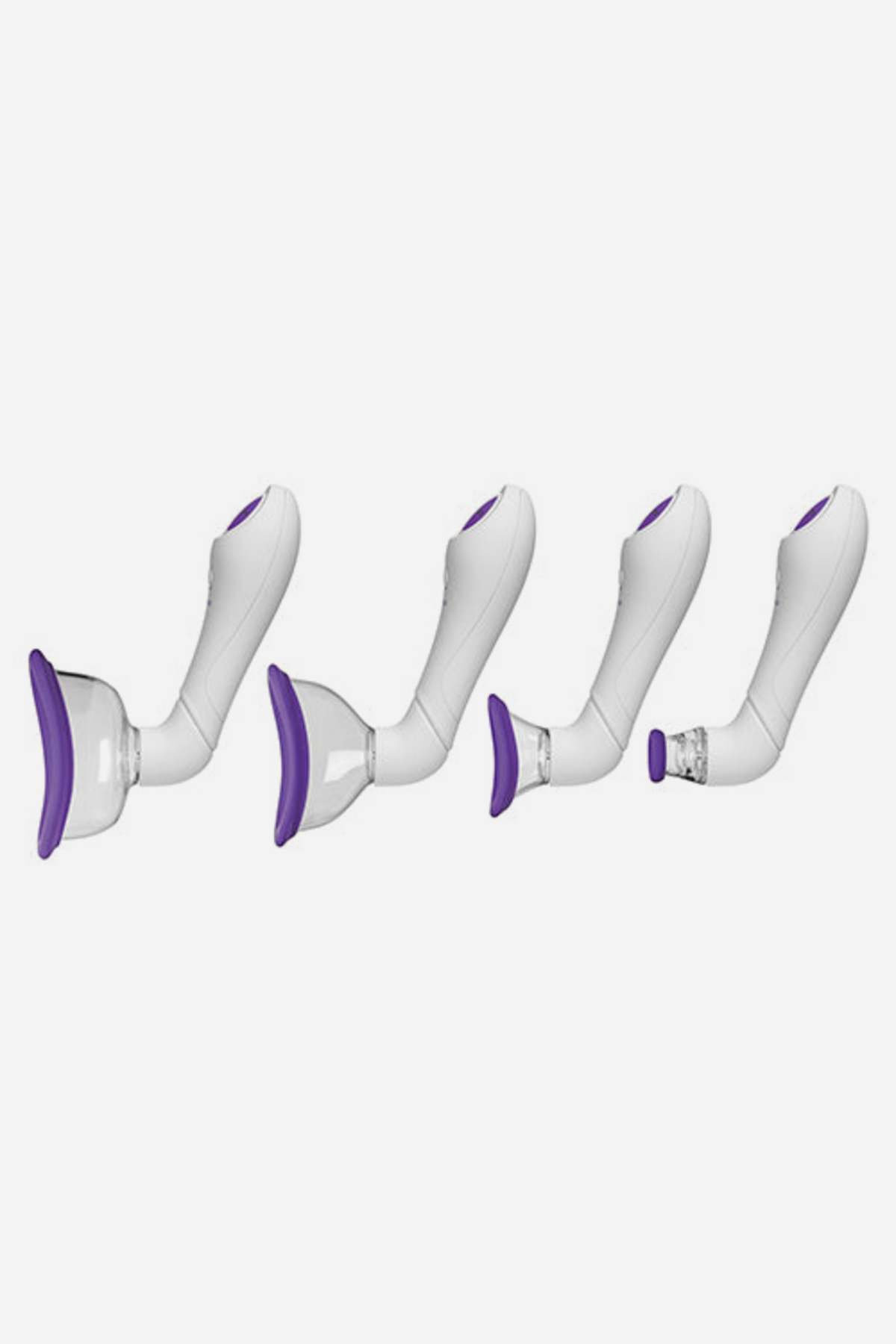 Purple Bloom body pump shown four times, each fitted with a different size suction cup from large vulva cup down to small nipple cup