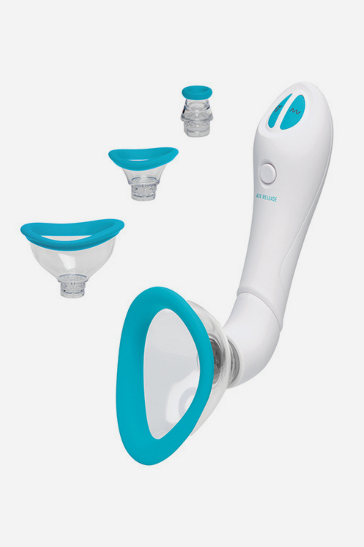 Bloom Intimate Vibrating Body Pump in sky blue with its white handle, large suction cup attached and three smaller interchangeable cups