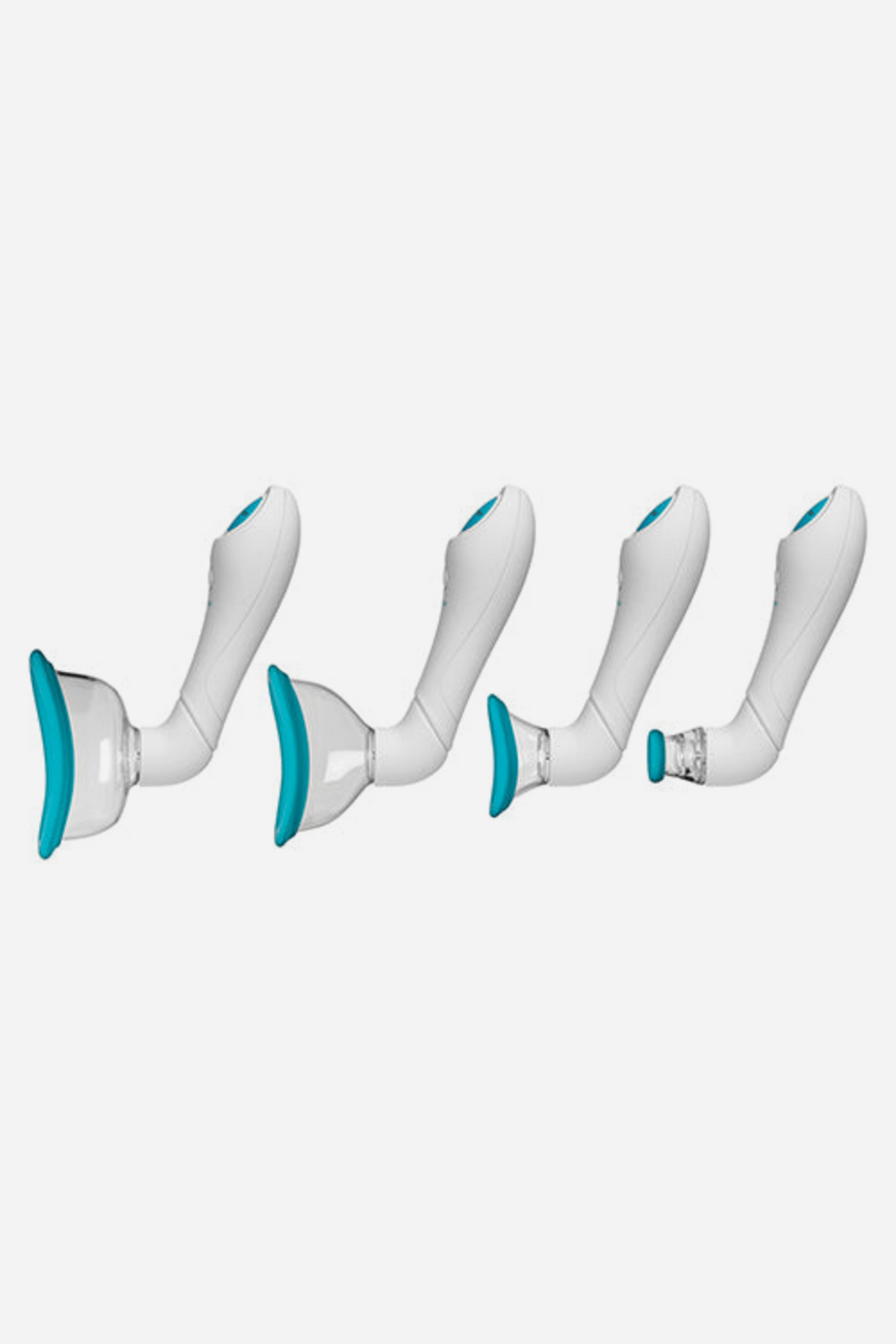 Sky blue Bloom body pump shown four times, each fitted with a different size suction cup from large vulva cup down to small nipple cup