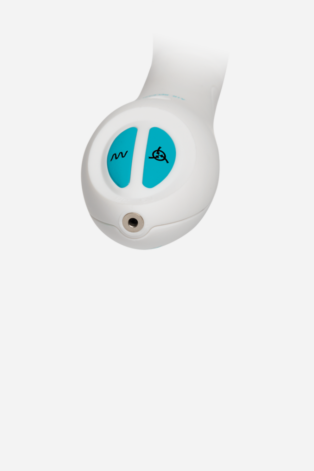 Close-up of the sky blue Bloom pump control panel with separate vibration and suction buttons above the charging port on the white handle