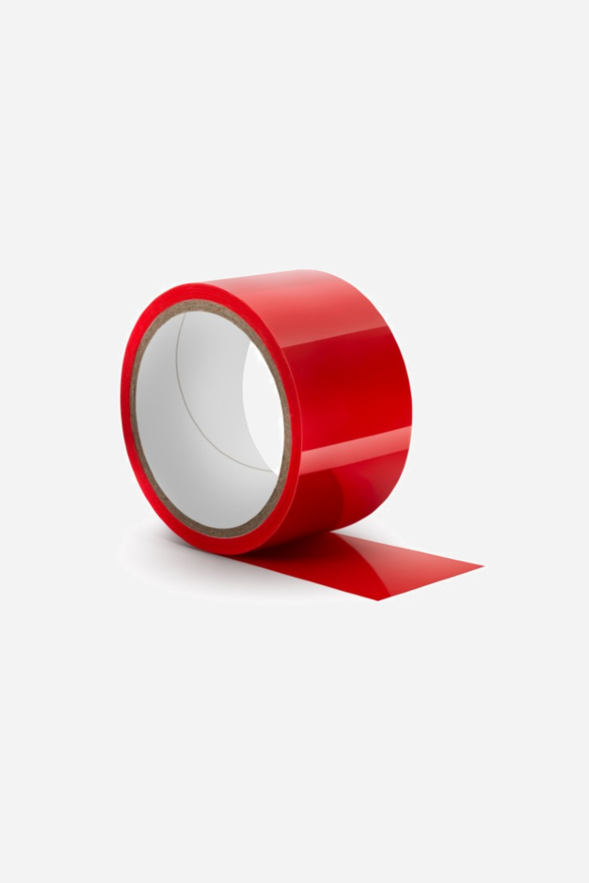 A roll of bright red Lotus Blooms bondage tape with a loose end trailing forward, the PVC ribbon glossy against a pale grey ground.