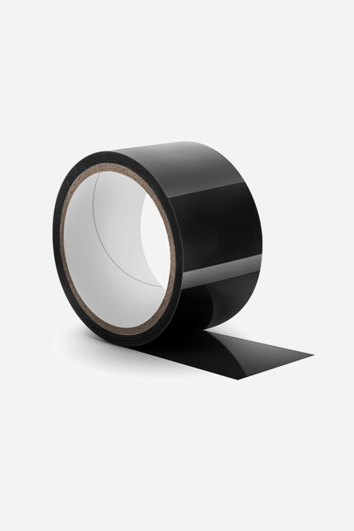 A roll of black Lotus Blooms bondage tape lying on its side, one length of the matte PVC ribbon unwound and curling away to the right.