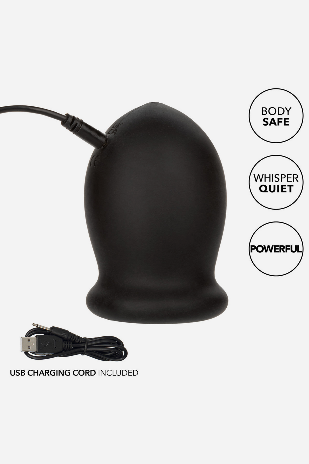 Boundless Buzzing Pleasure FTM vibrating silicone stroker in black with its USB charging cord, labelled body safe, whisper quiet, powerful