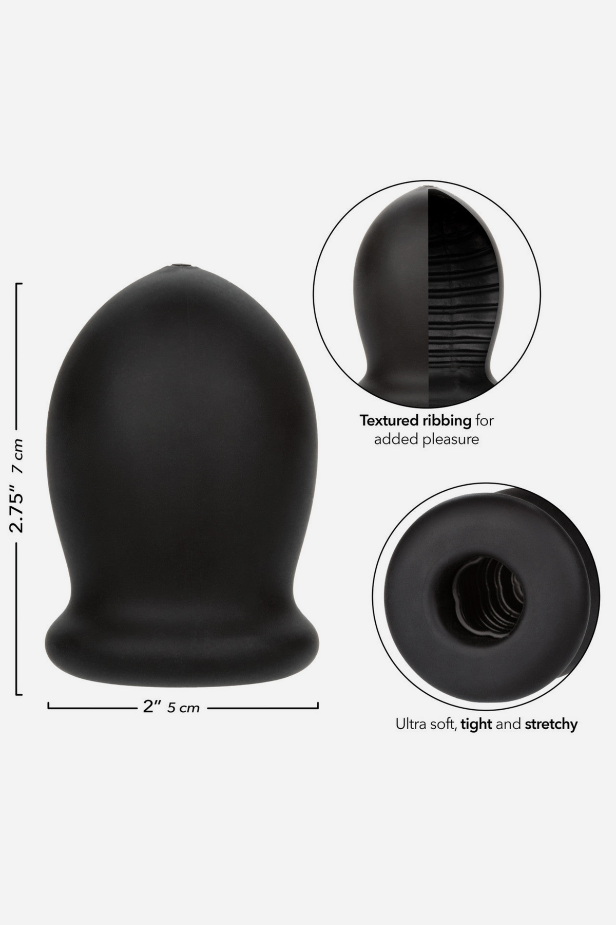 Boundless Buzzing Pleasure FTM stroker in black with size dimensions, a cutaway of the textured interior and a view of the soft opening
