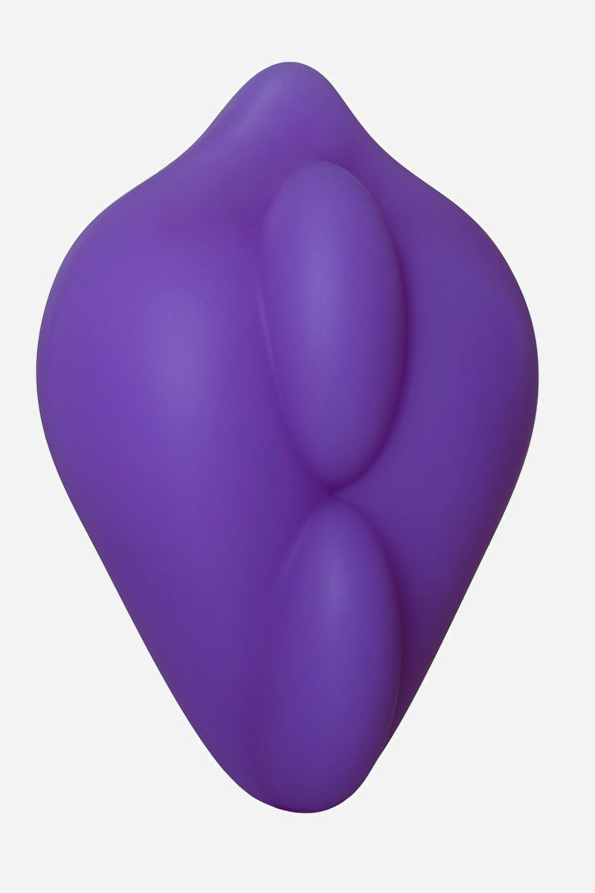 Front view of the purple BumpHer silicone pad, a soft teardrop shape with two rounded bump ridges running down its padded centre.