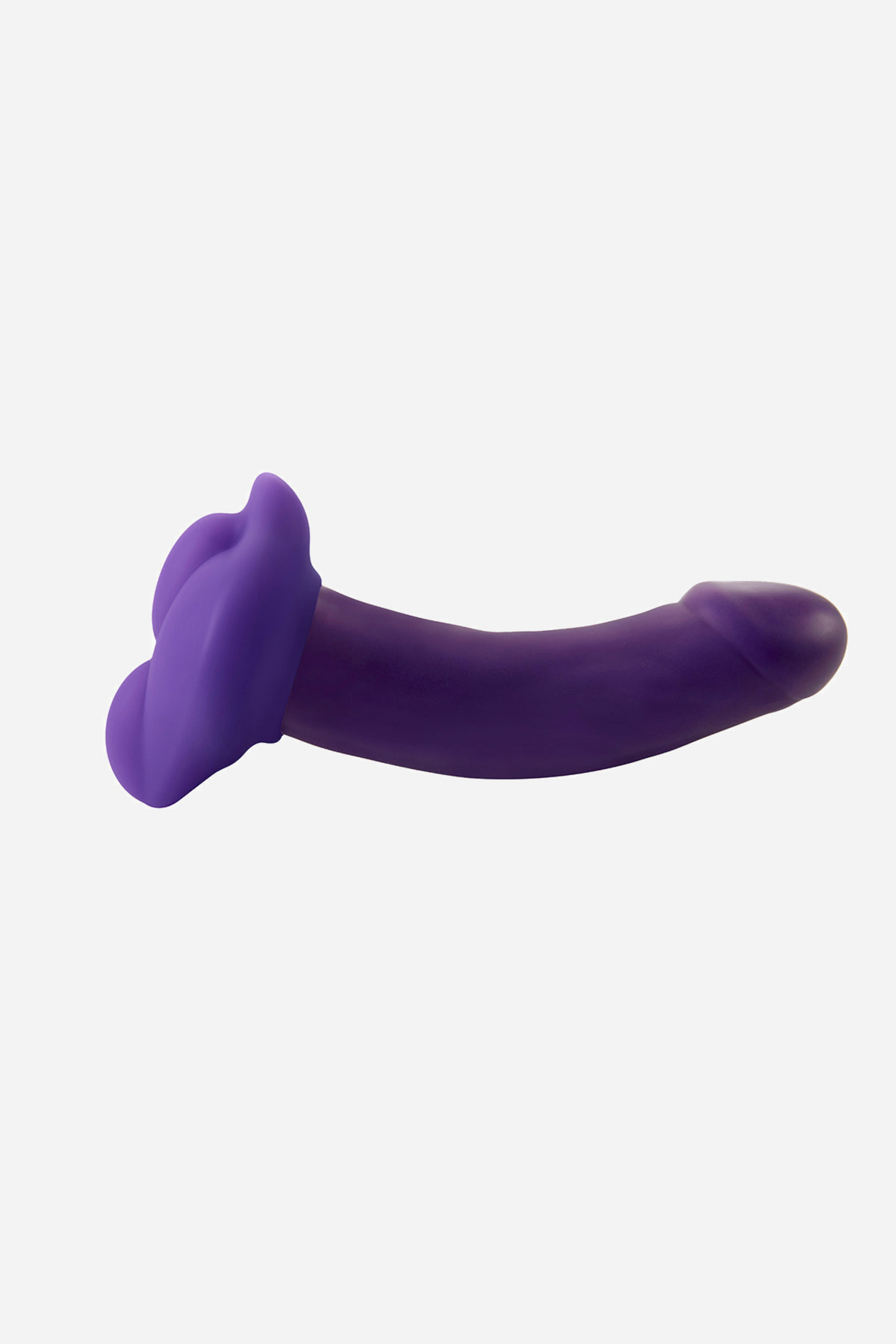Side view of a purple dildo with the BumpHer pad seated at its base, showing the full gently curved shaft and the soft padding behind.